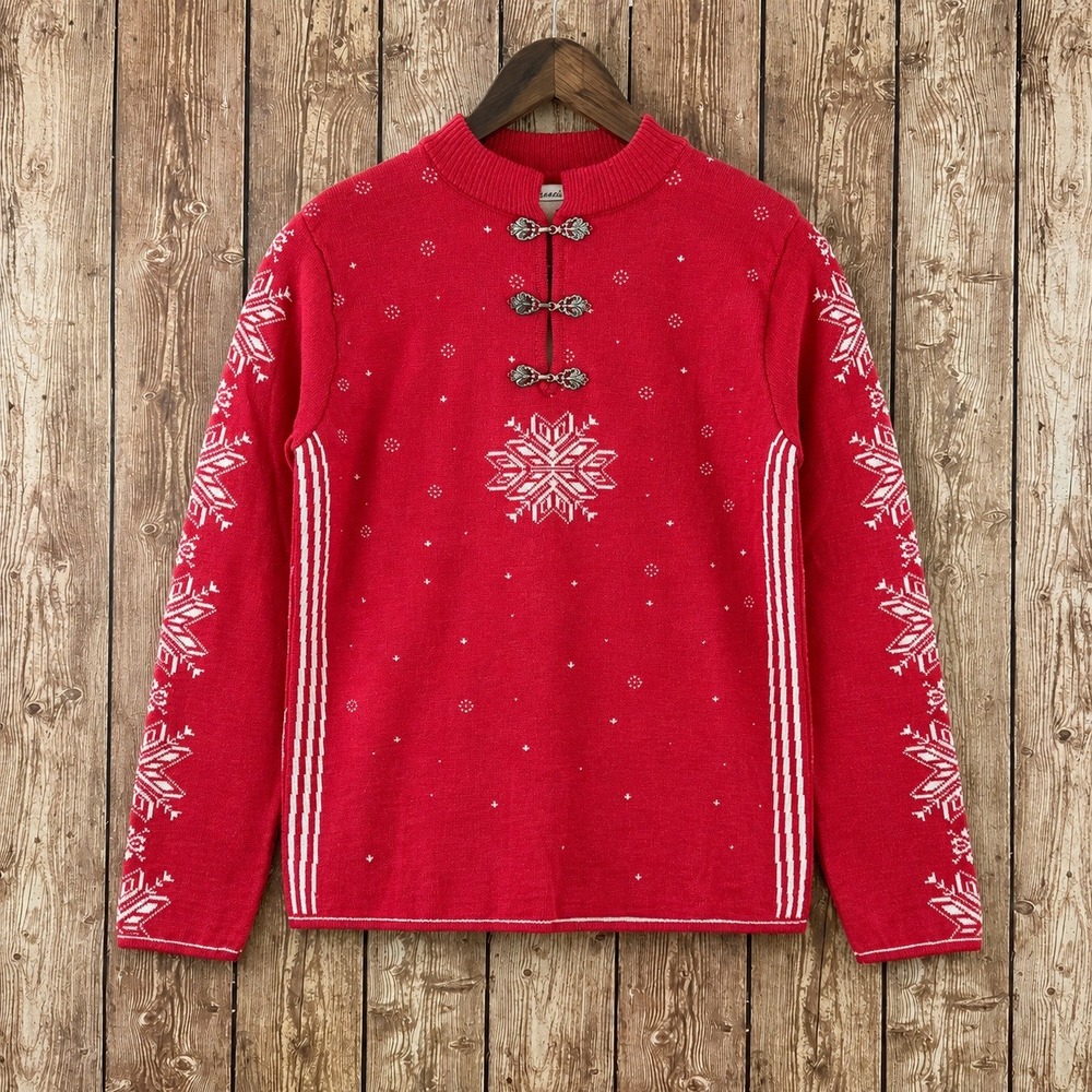 Caamaño Red 100% Alpaca Nordic Snowflake Clasp Sweater Womens Medium Peru
